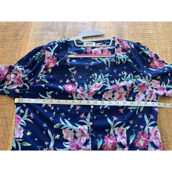 Prospect Women's Blue Pink Floral Blouse Henley V Neck Balloon Sleeve Sheer L - Picture 9 of 11